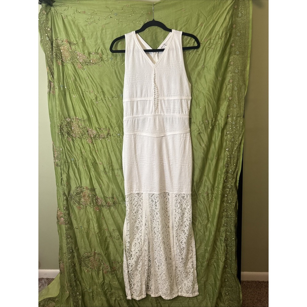 White Maxi Dress Lace Paneled Bottom V-neck Sleeveless Open Mesh‎ Back Med